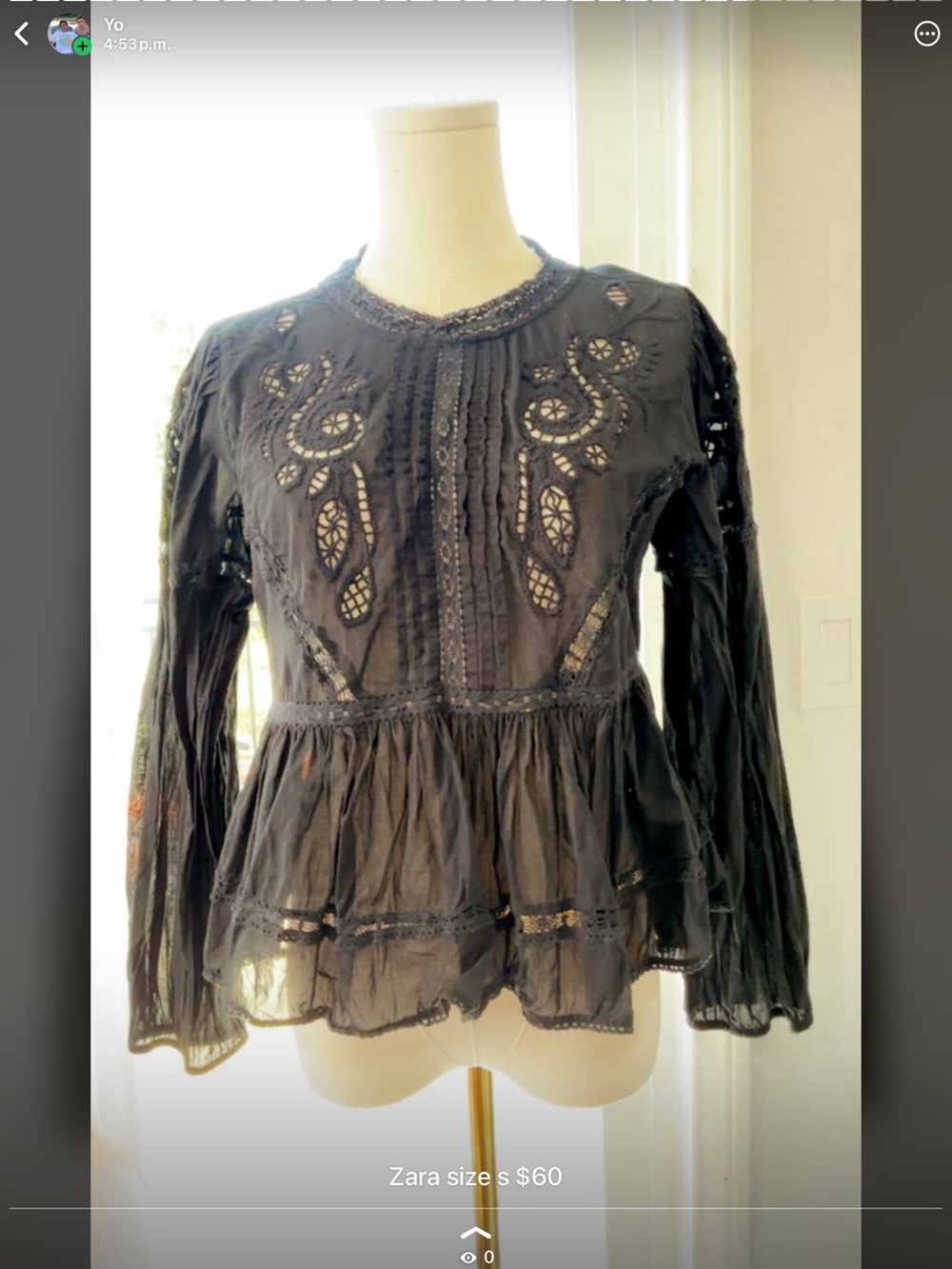 Zara Black Embroidered Lace Peplum Blouse